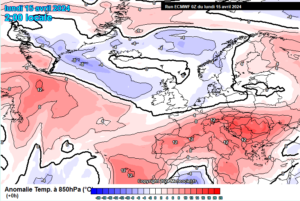 Le anomalie di temperature in quota nella giornata di domenica (Meteociel)